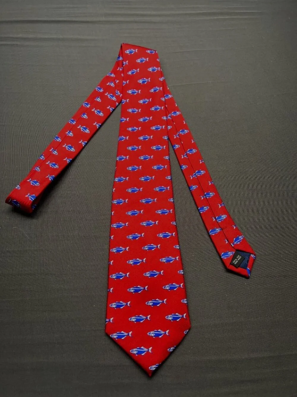 Rivetz Of Boston Red Blue Fish Print Silk Handmade Vintage Necktie